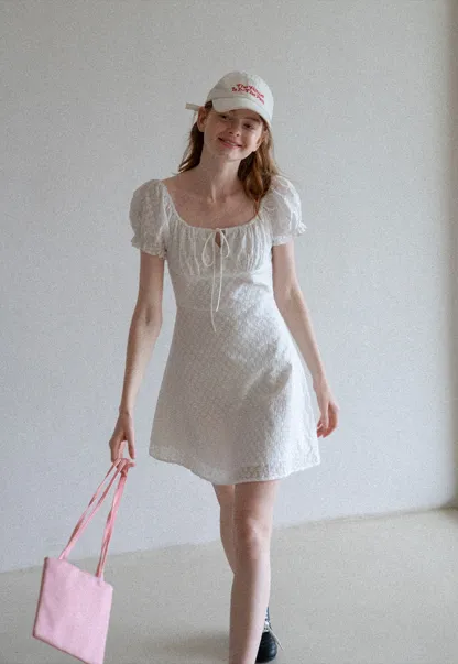 Women’s Puff Sleeve Tie-Front Eyelet Mini Dress