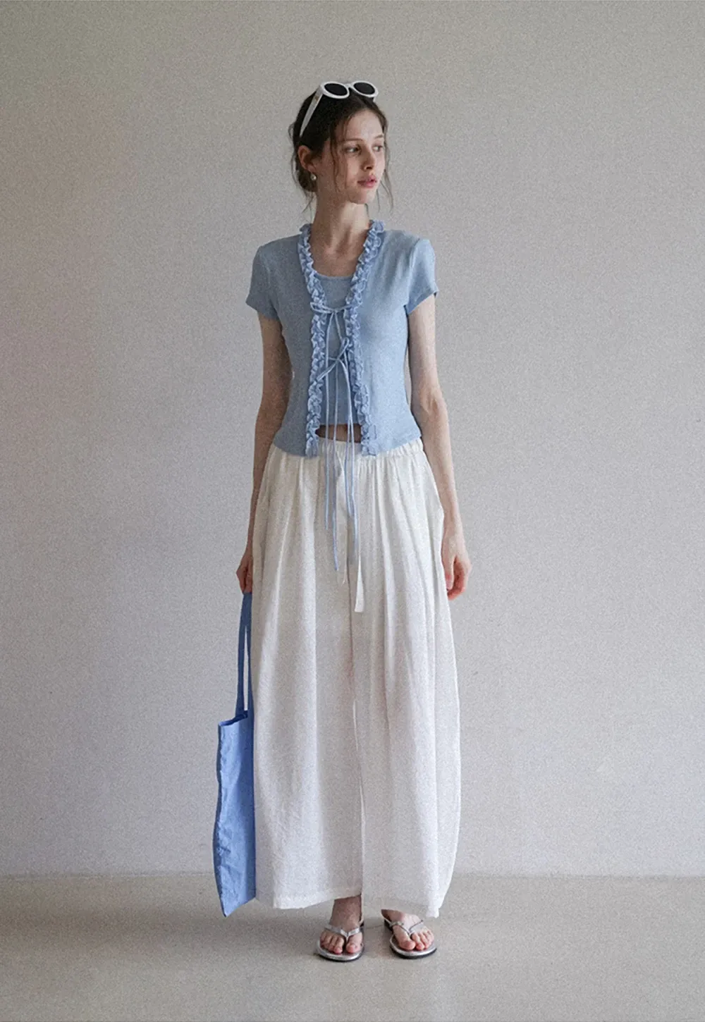 Short Sleeve Ruffle Crop Top with Bow Detail