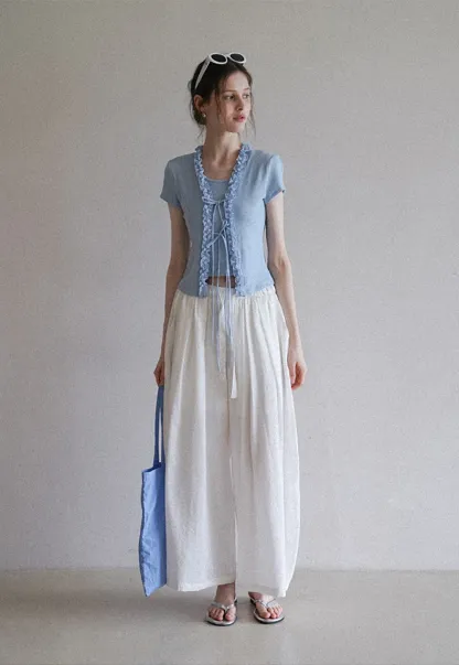 Short Sleeve Ruffle Crop Top with Bow Detail
