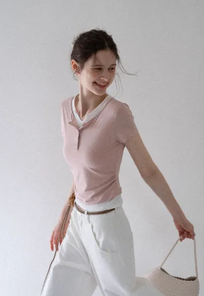 Women’s Slim Fit Button Front Ribbed T-Shirt
