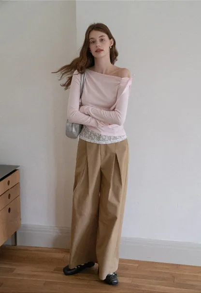 Women One Shoulder Tie Ruched Long Sleeve Off Shoulder Tee