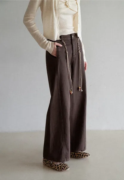 Beaded Scarf-Belt Wide-Leg Jeans