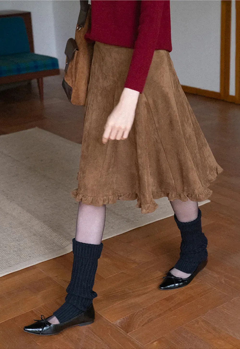 Ruffled Hem Suede A-Line Skirt