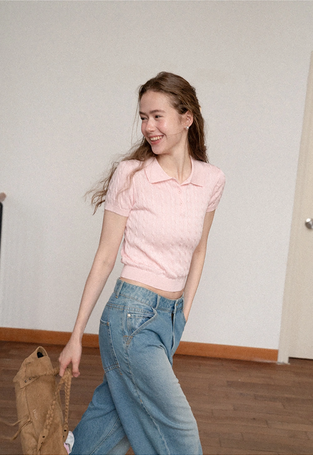 Polo Collar Ribbed Knit Short Sleeve Sweater