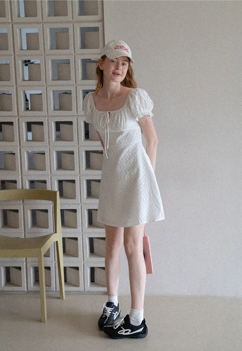 Women’s Puff Sleeve Tie-Front Eyelet Mini Dress