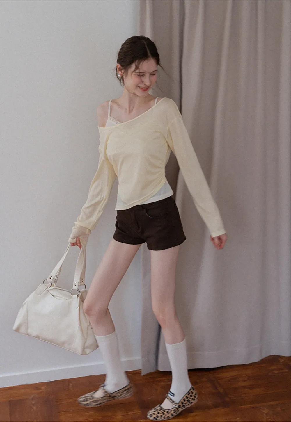 Asymmetrical Long Sleeve & Ruched Cami Set