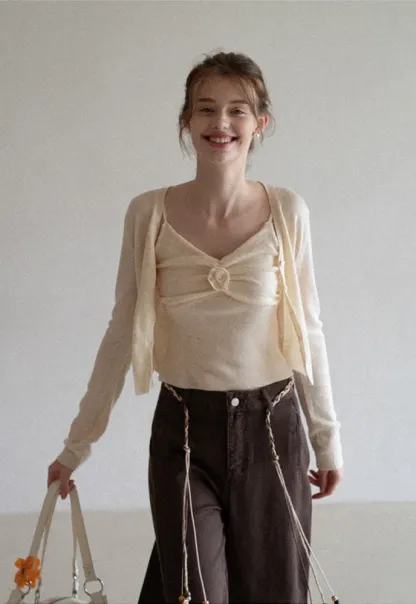 Beaded Scarf-Belt Wide-Leg Jeans