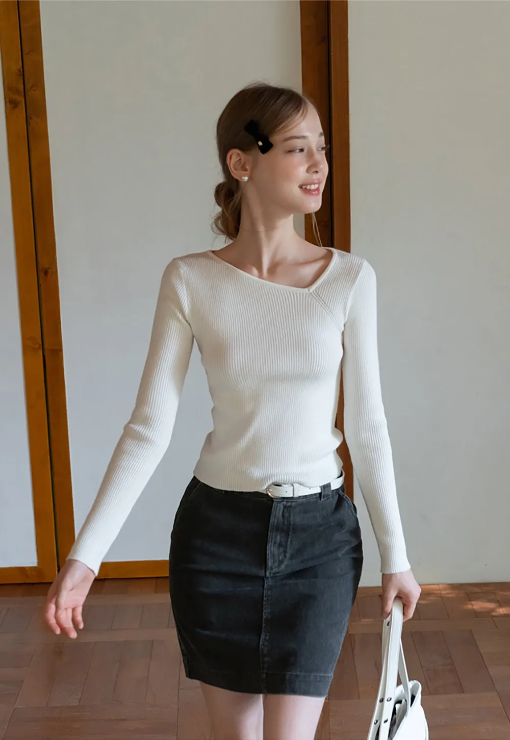 Womens Asymmetric Neck Ribbed Knit Long Sleeve Top