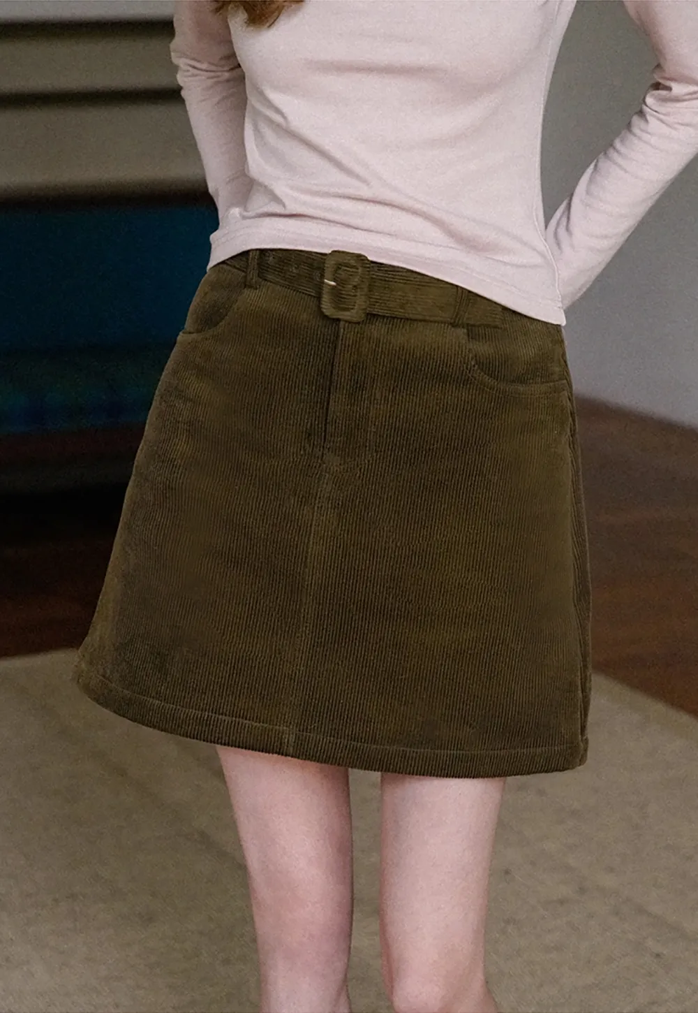 Women White Belted Corduroy Skirt