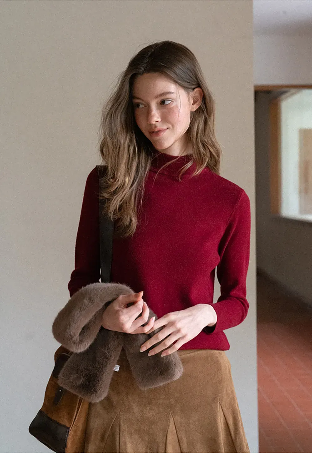 Ruffled Hem Suede A-Line Skirt