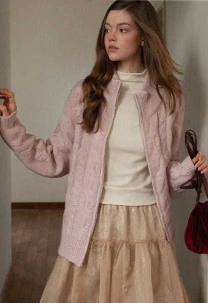 Women Cozy Cable Knit Cardigan with Zipper