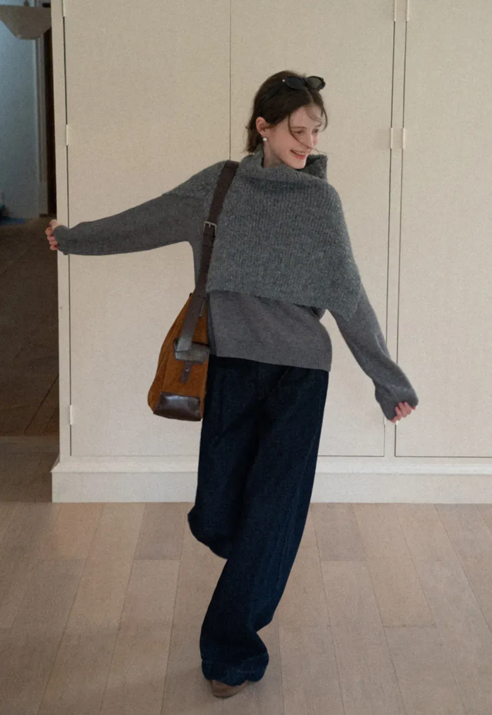 Layered Shawl Neck Knit Sweater