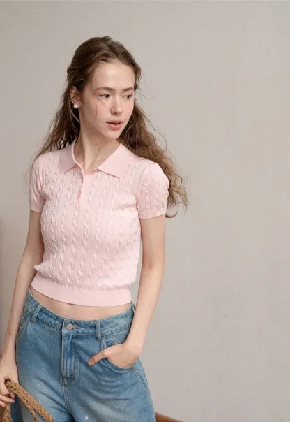 Polo Collar Ribbed Knit Short Sleeve Sweater