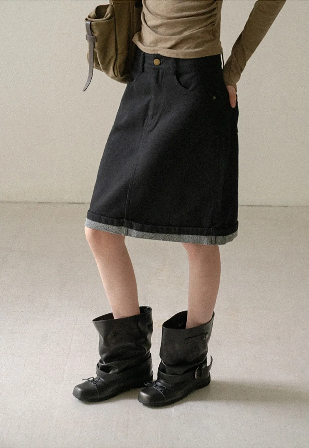 Rolled Hem Denim A-Line Skirt