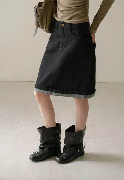 Rolled Hem Denim A-Line Skirt