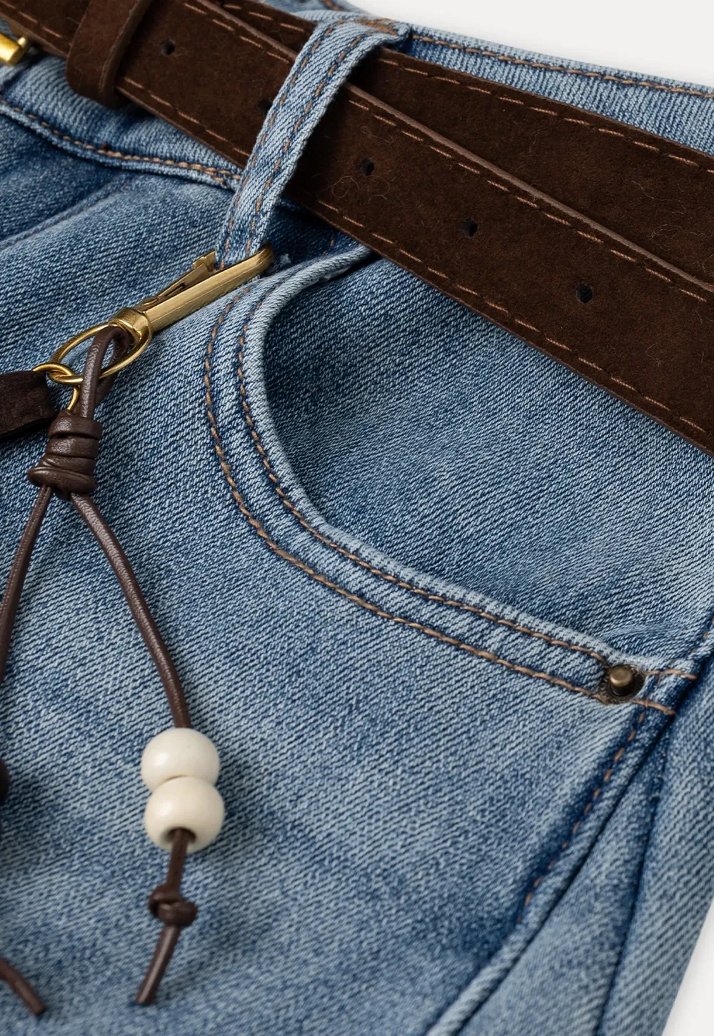 Wide-Leg Denim Jeans with Belt and Charm Detail