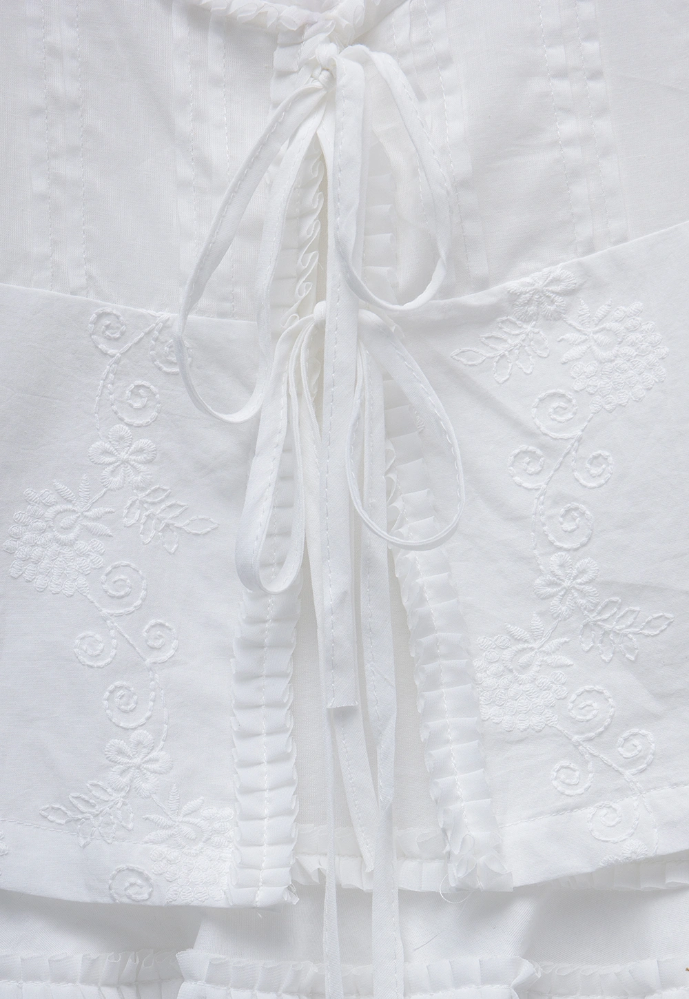 Women’s White Ruffle-Tiered Tie Shirts
