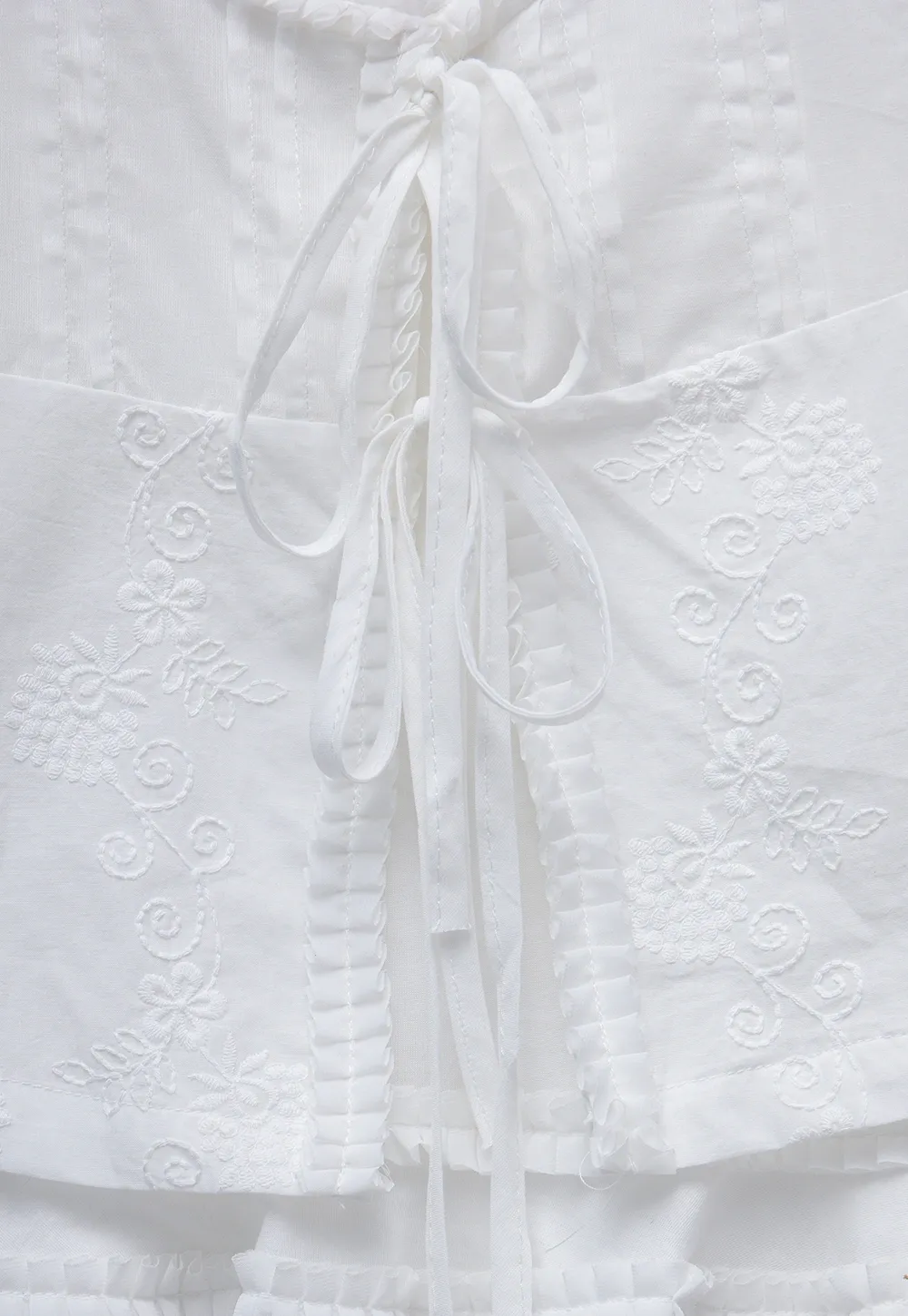 Women’s White Ruffle-Tiered Tie Shirts