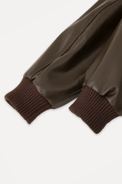 Faux Leather Bomber Jacket with Fur Collar