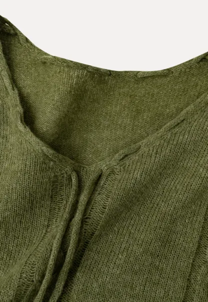 V Neck Drawstring Detail Woolen Knit Sweater