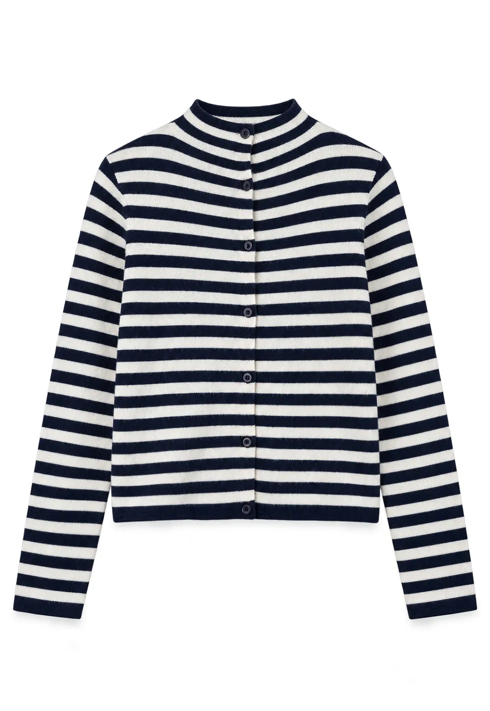 Striped Ribbed Knit Cardigan with Stand Collar