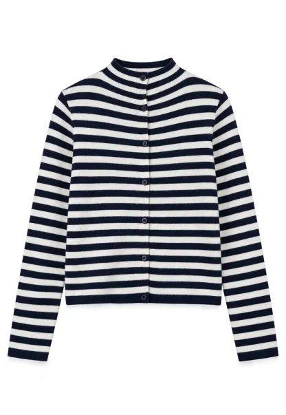 Striped Ribbed Knit Cardigan with Stand Collar
