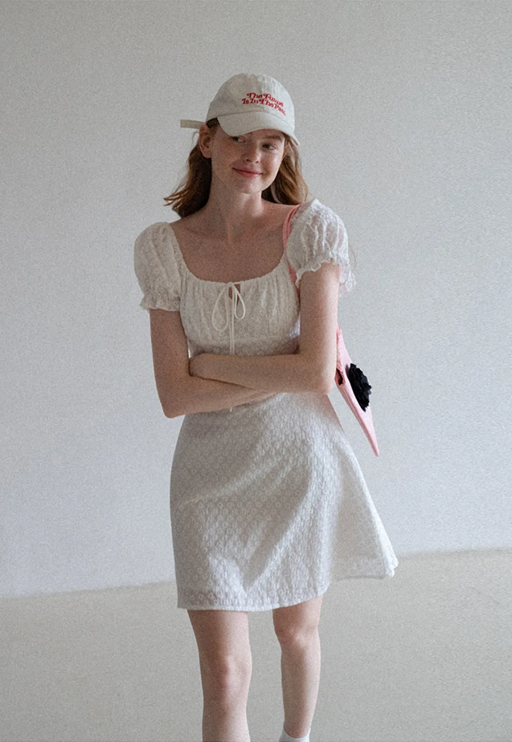 Women’s Puff Sleeve Tie-Front Eyelet Mini Dress