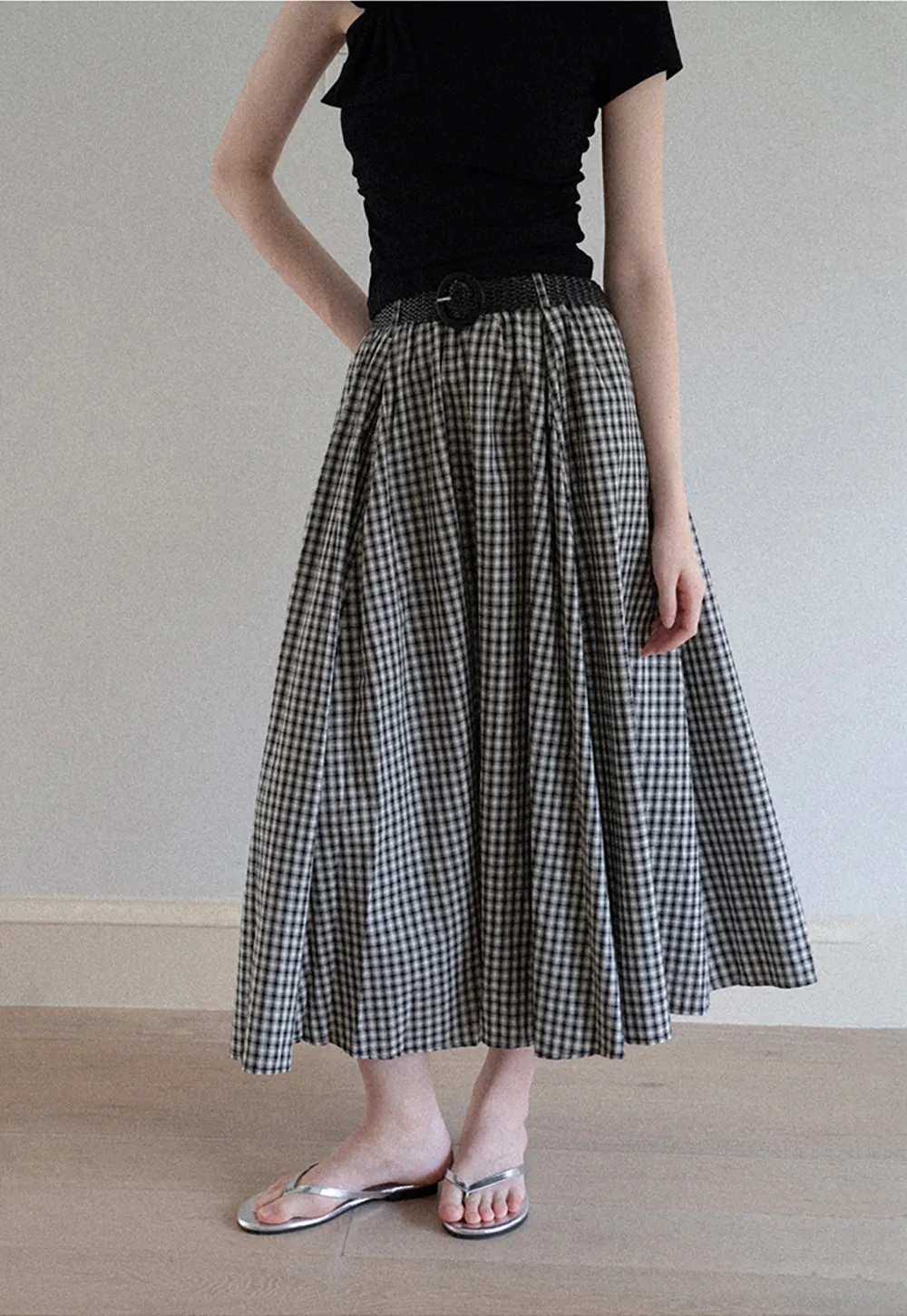 Belted Gingham Pleated Midi Skirt