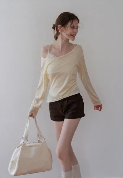 Asymmetrical Long Sleeve & Ruched Cami Set