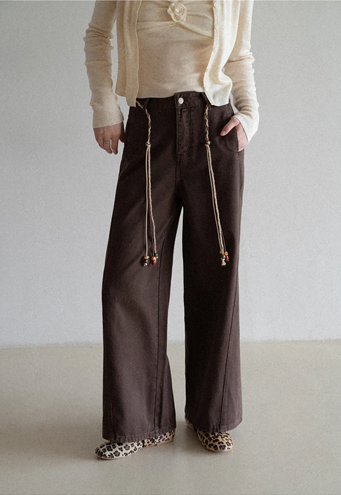 Beaded Scarf-Belt Wide-Leg Jeans