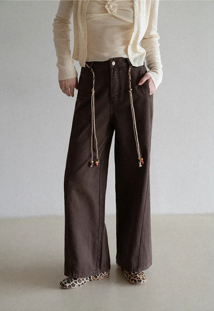 Beaded Scarf-Belt Wide-Leg Jeans