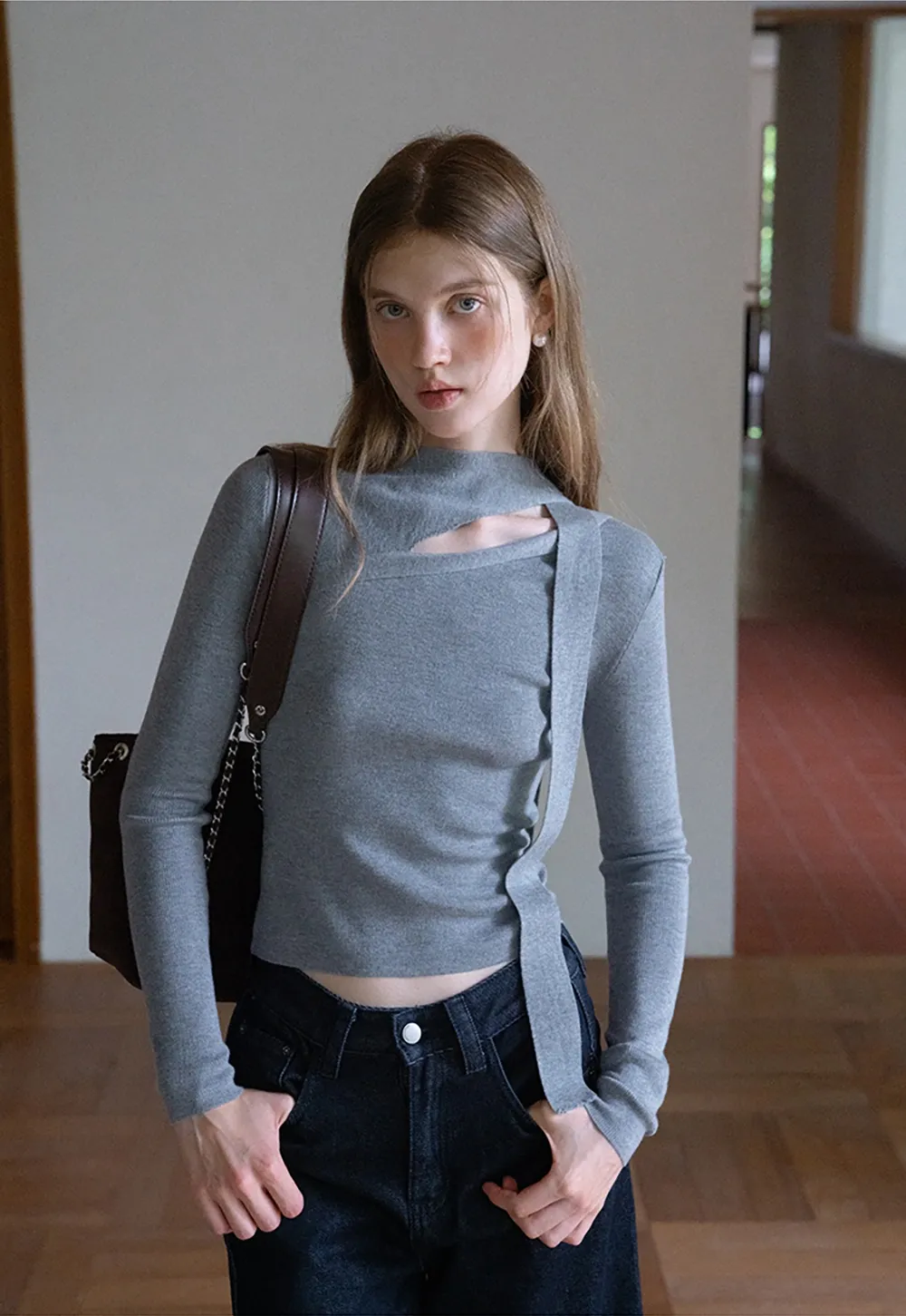 White Long Sleeve Knit Top With Tie