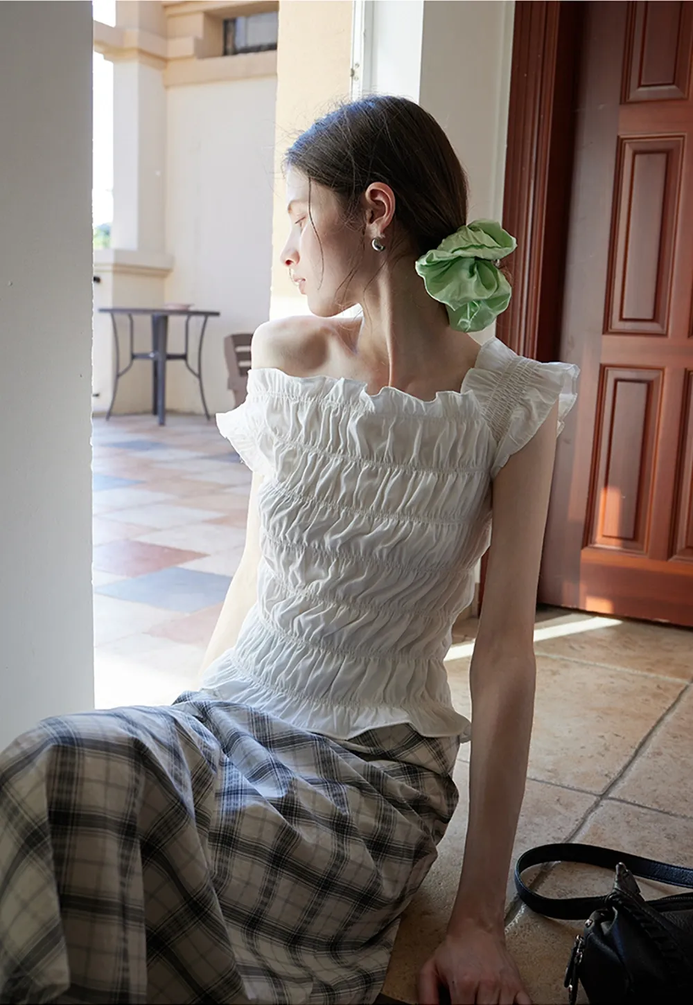 Women’s Off Shoulder Ruffled Shirred Top