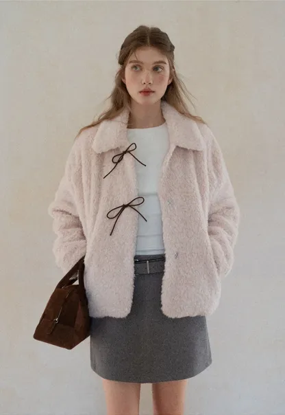 Womens Bow Tie Fleece Teddy Jacket