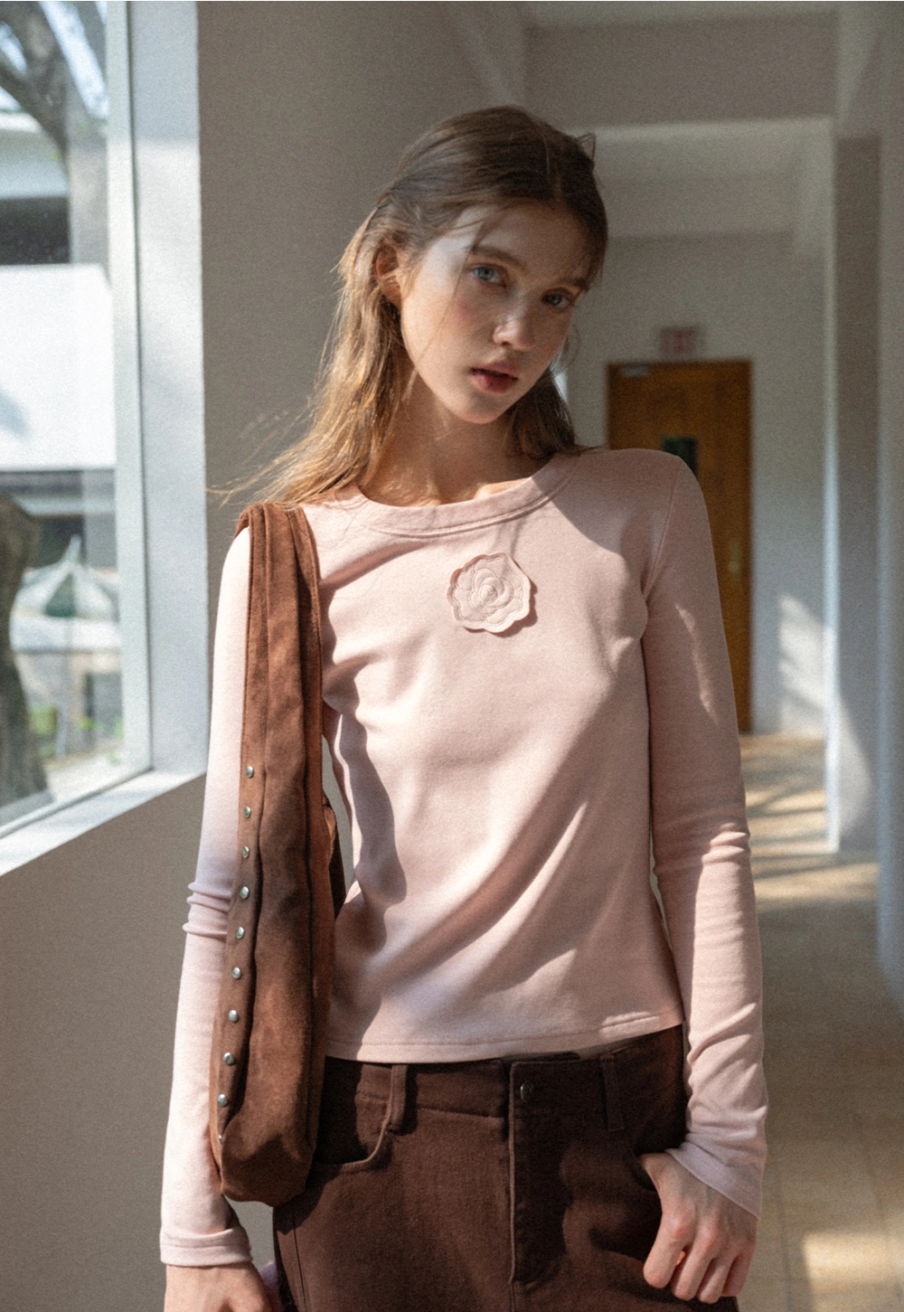 Women Long Sleeve Top with Flower Detail