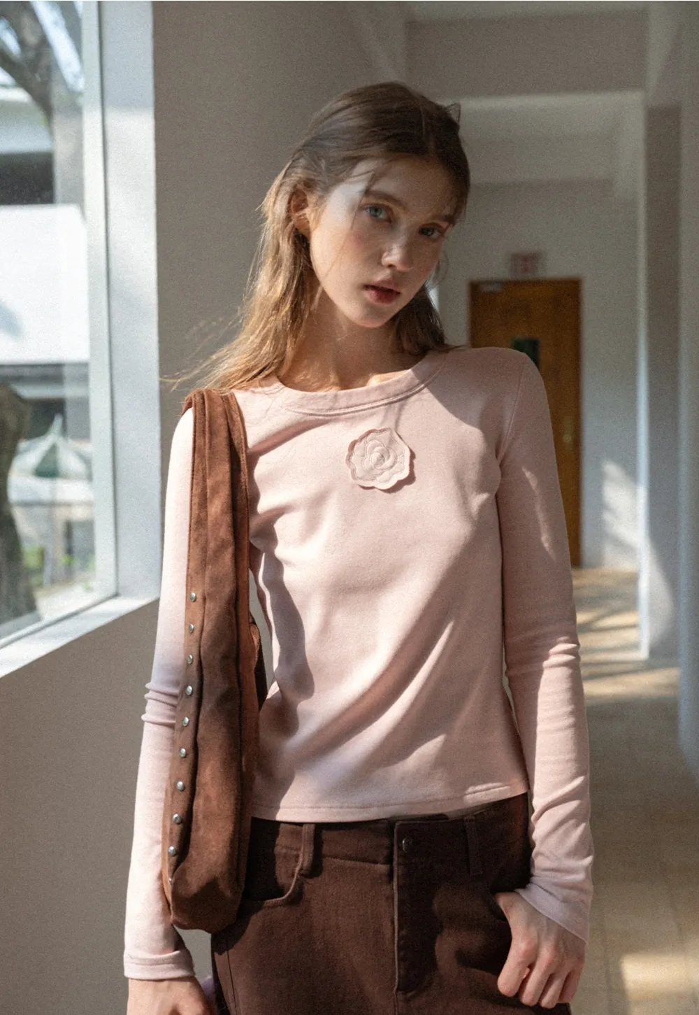 Women Long Sleeve Top with Flower Detail