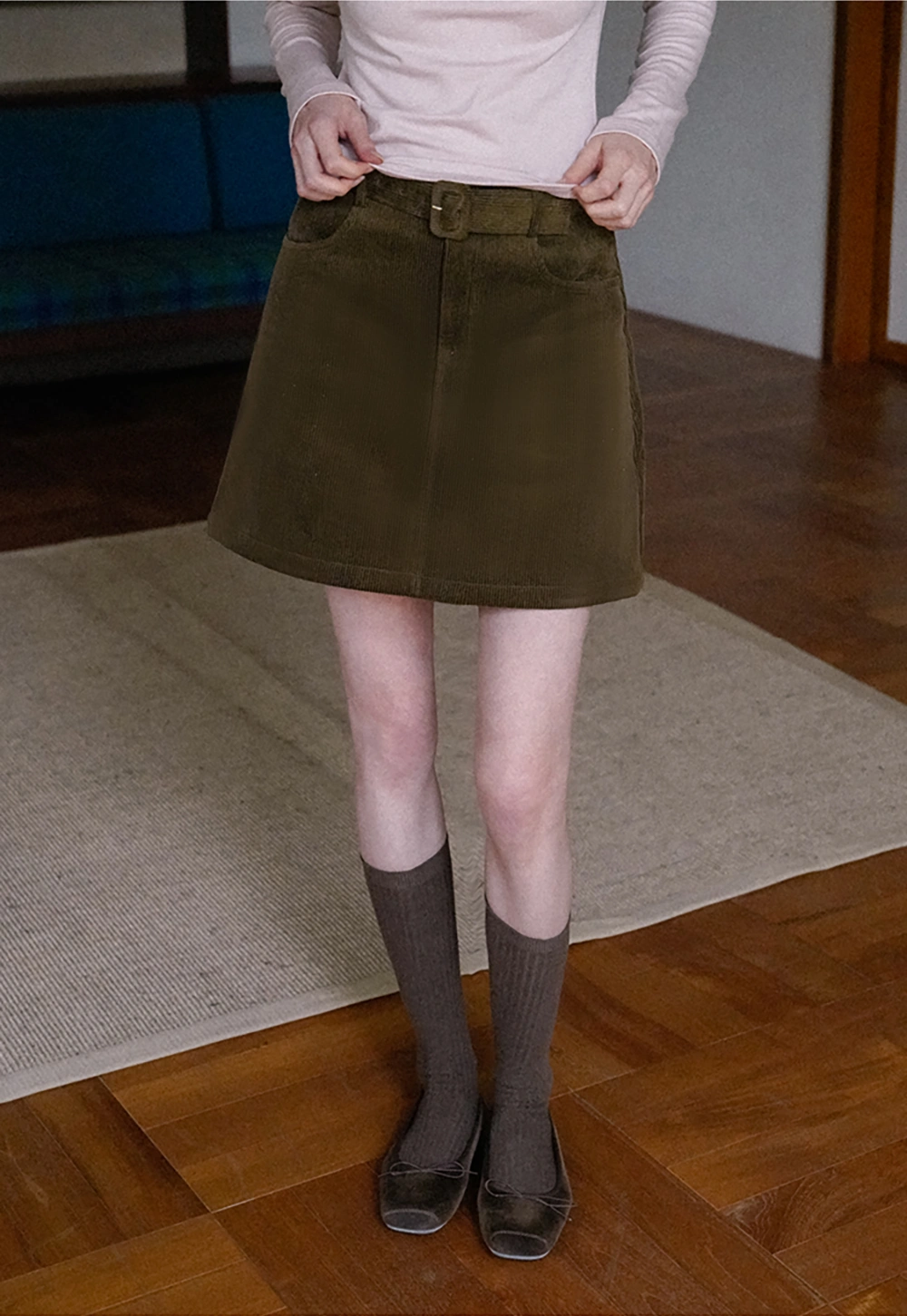 Women White Belted Corduroy Skirt