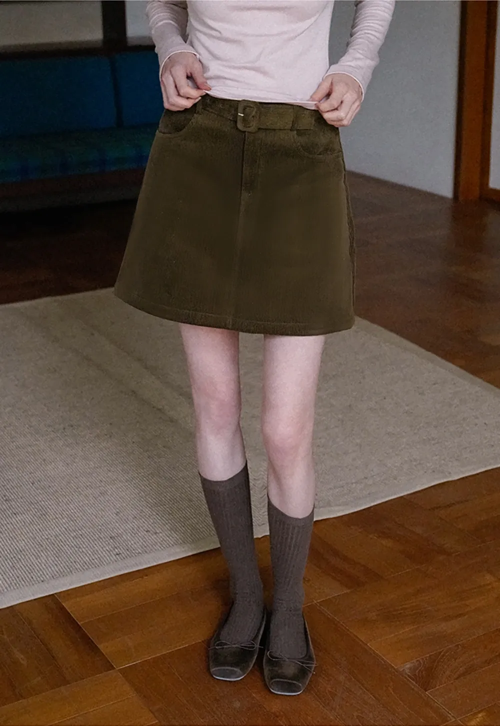 Women White Belted Corduroy Skirt