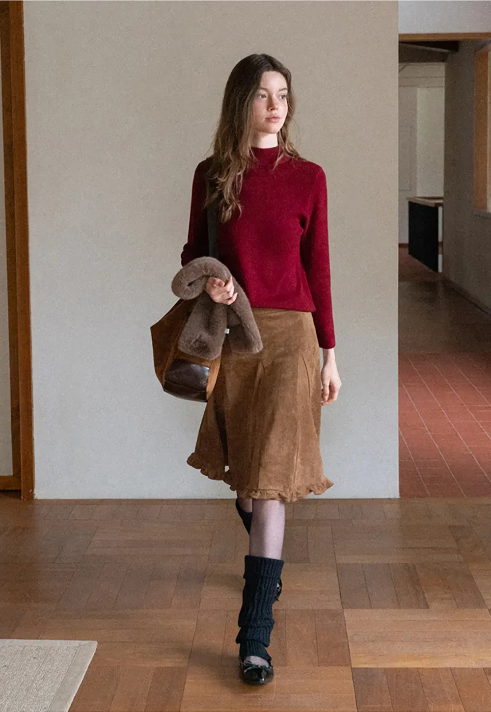 Ruffled Hem Suede A-Line Skirt