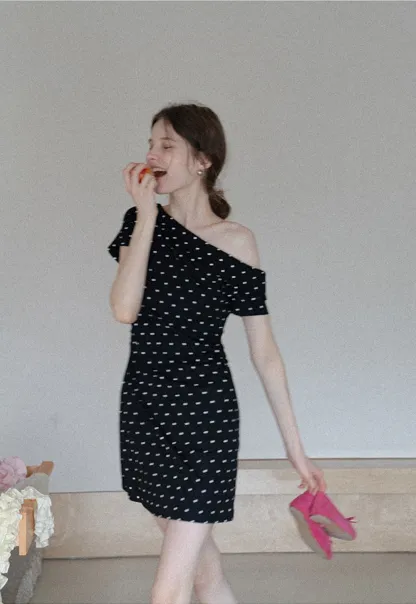 Women’s One Shoulder Polka Dot Mini Dress