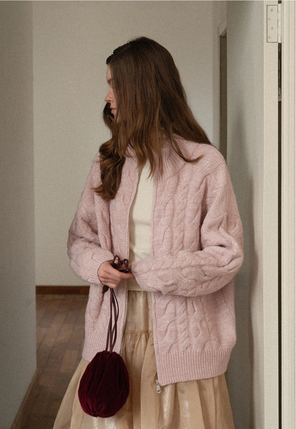 Women Cozy Cable Knit Cardigan with Zipper