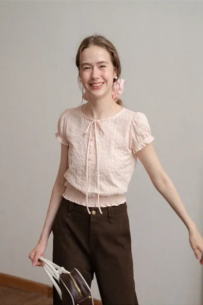 Pleated Short Sleeve Blouse with Ruffled Neckline
