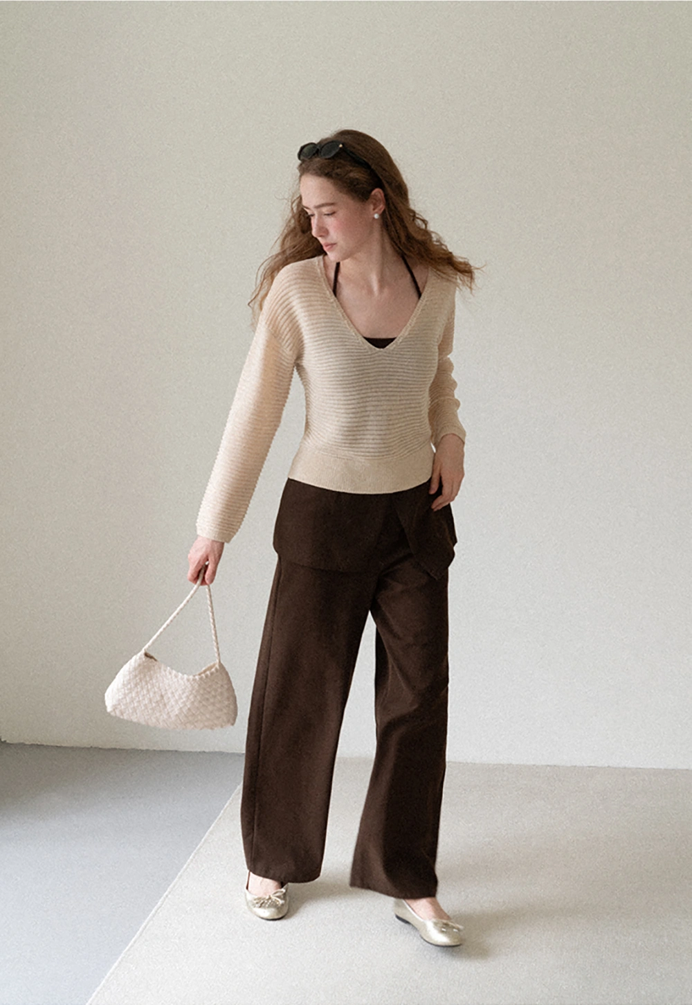 Ladies V‑Neck Knitted Pullover and White Cami Set