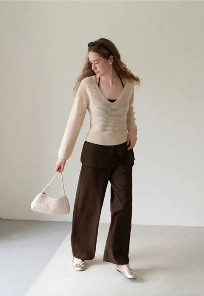 Ladies V‑Neck Knitted Pullover and White Cami Set