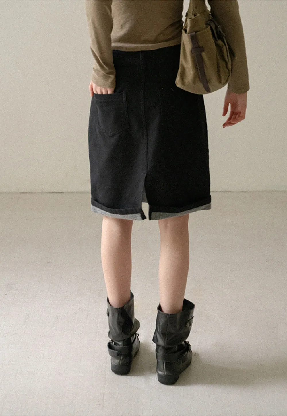 Rolled Hem Denim A-Line Skirt