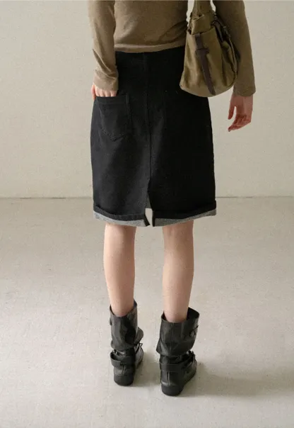 Rolled Hem Denim A-Line Skirt
