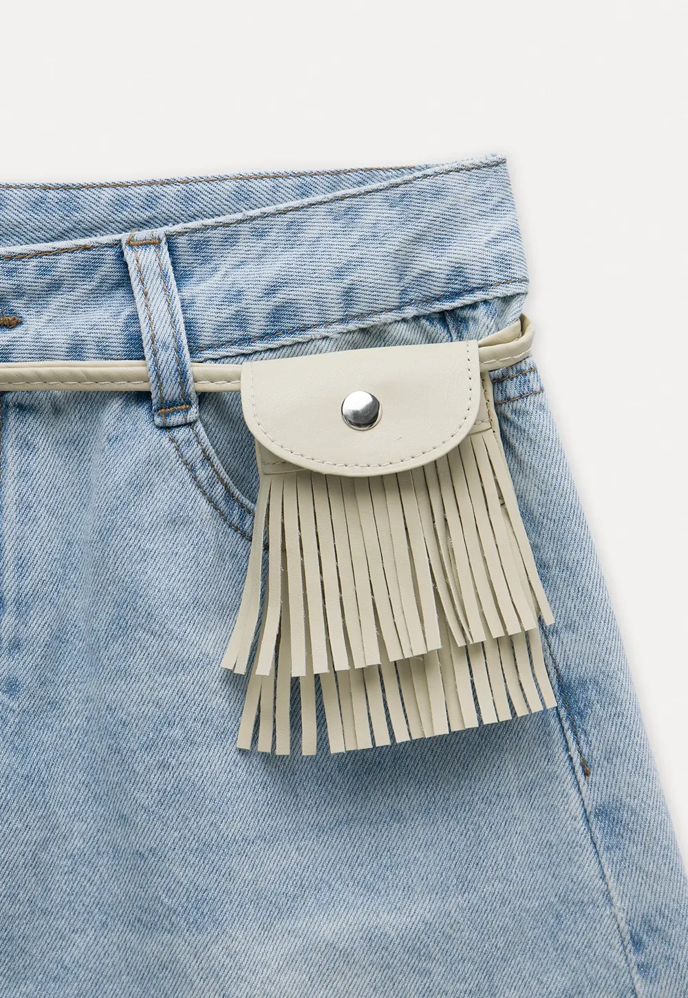 Fringed Belted Distressed Denim Shorts