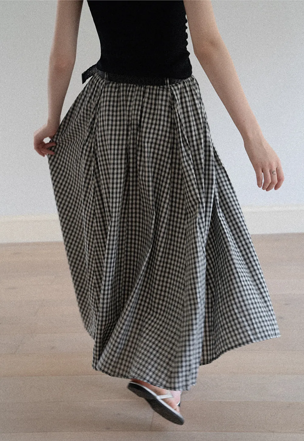Belted Gingham Pleated Midi Skirt