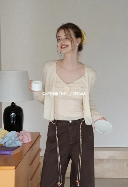 Beaded Scarf-Belt Wide-Leg Jeans