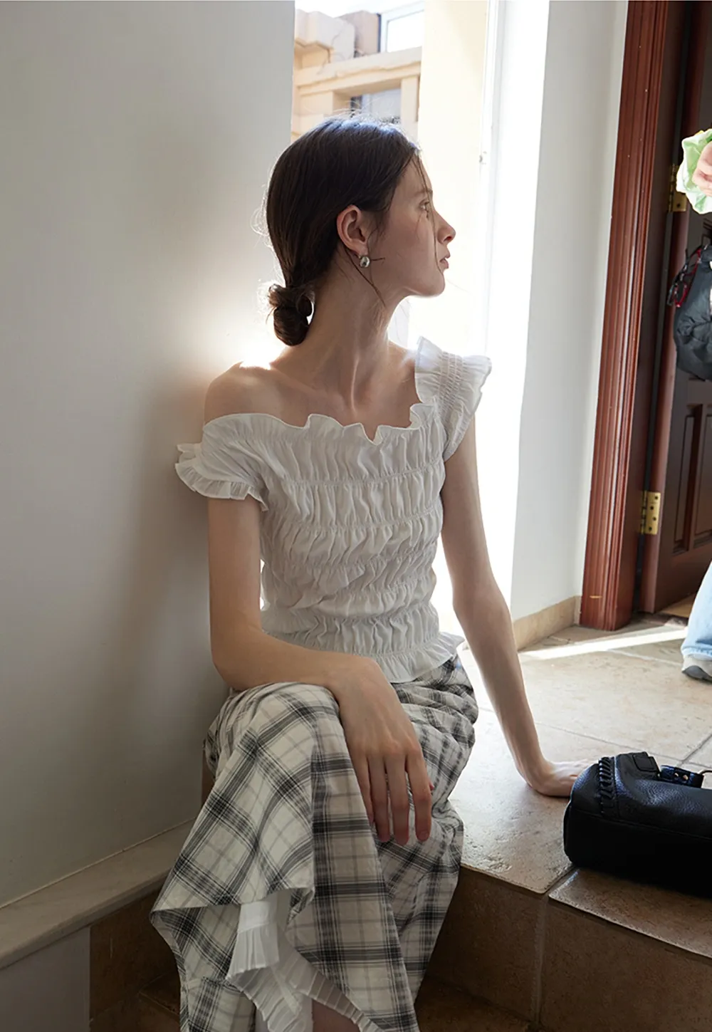Women’s Off Shoulder Ruffled Shirred Top